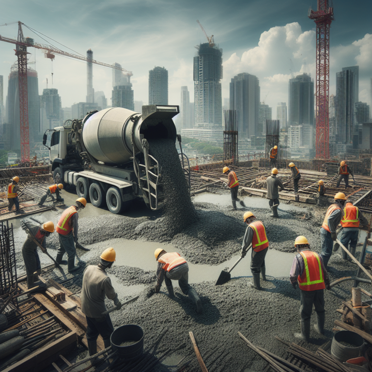 Workers on a building construction site pouring concrete, a bustling scene with workers in hard hats and high-visibility vests, the concrete mixer in motion