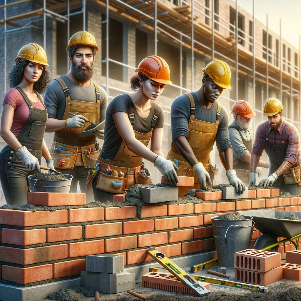 Image of masonry contractors at work. It depicts a diverse group of workers engaged in constructing a brick wall, complete with construction tools and a background of a partially constructed building and scaffolding.